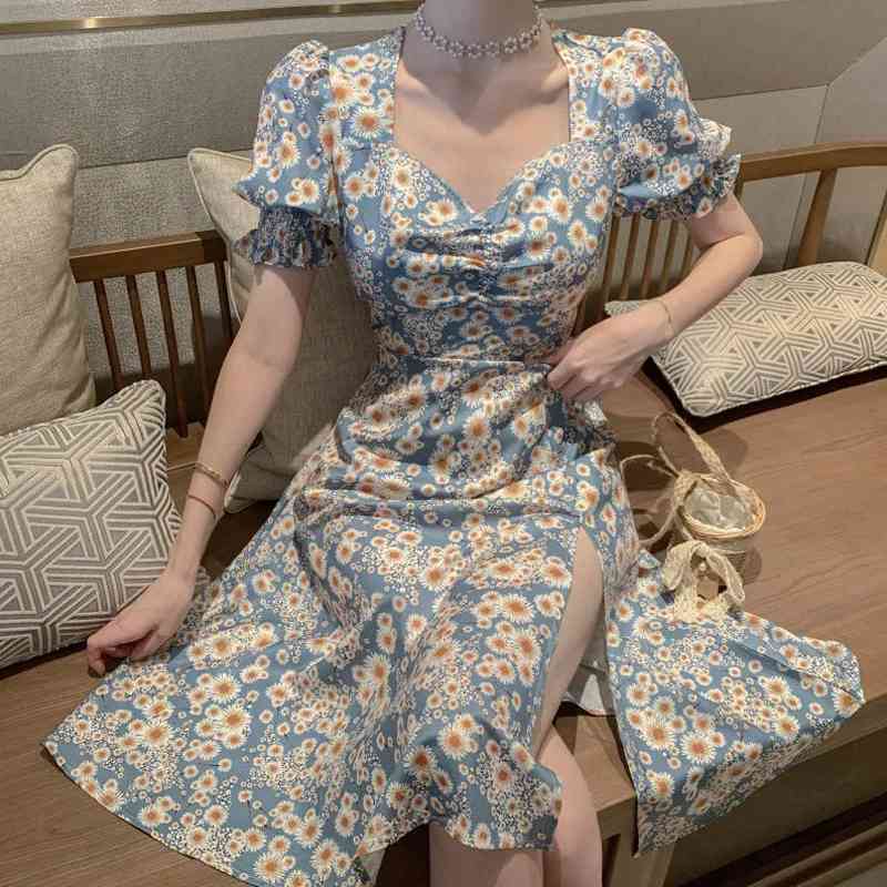 Summer Casual Short Puff Sleeve Women Medi Dresses Plus Size V Neck Floral Split Dress A-Line Empire Ladies Robe Vestidos 210521