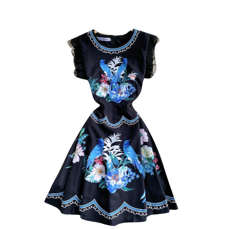Women's Fashion Summer Sweet Lace Side Sleeveless Printed A-line Black Vest Dress Party Elegant Vestido De Mujer S281 210527