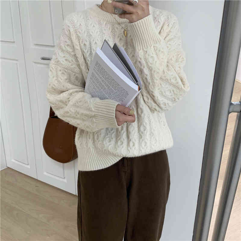 Autumn Winter Bottoming Tops Elegant Solid Twisted Sweater OL Pullovers Loose Warm Knitted Sweaters Woman Clothes 210421