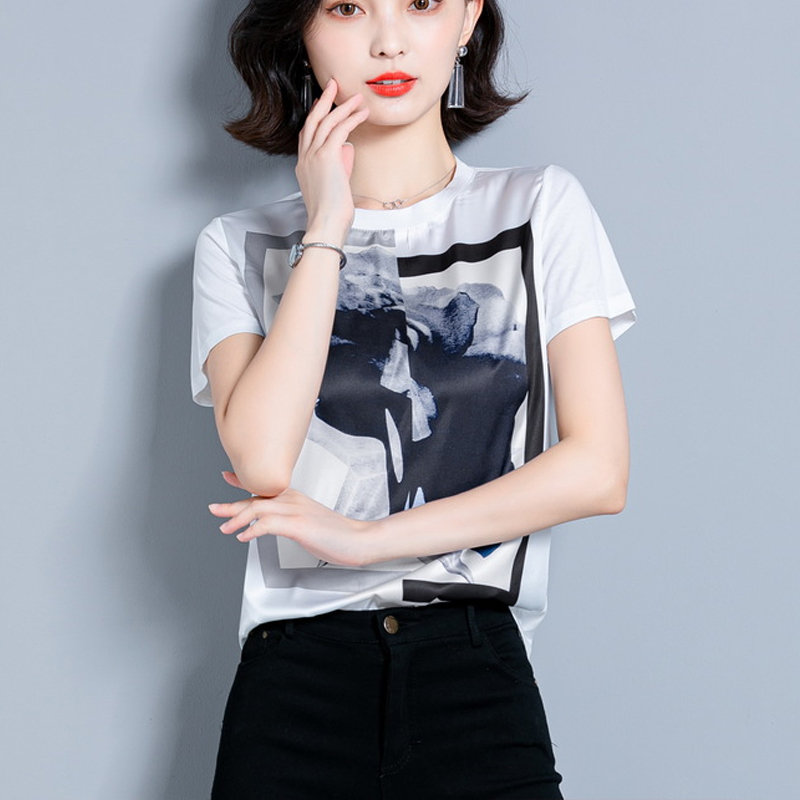 Summer Fashion O-Neck Silk Women Blouses Short Sleeve Print Shirt Tops and Plus Size Loose Clothes 10158 210427