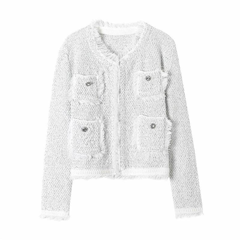 Evfer Women Fashion Tweed Solid Autumn Short Outwear Female Elegant Jewelry Button Long Sleeve Pockets Jackets Coats Chic 210421