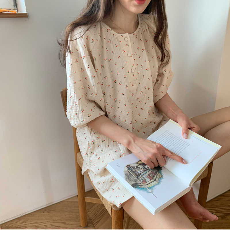 Alien Kitty Comfortable Sleepwear All Match Loose Sweet Homewear Summer Geometric Cherry Printing Chic Women Pajamas Sets 210924