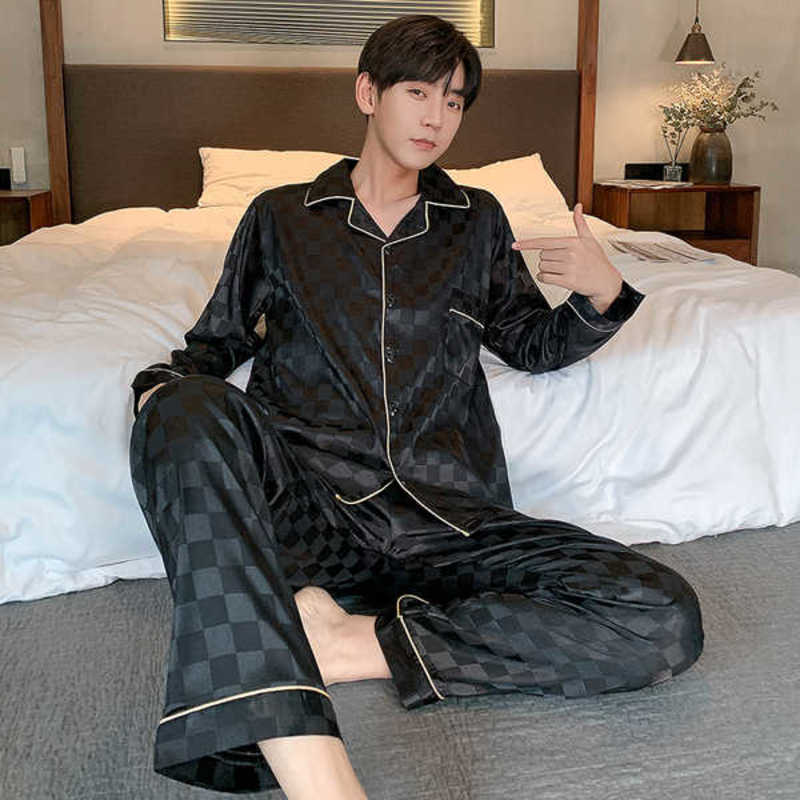 Autumn Men's Trousers Pajamas Suit Plaid High Quality Silk Home Clothes Two-piece Suit for Men Luxury Pajamas for Sleep 210928, Black
Autumn Men's Trousers Pajamas Suit Plaid High Quality Silk Home Clothes Two-piece Suit for Men Luxury Pajamas for Sleep 210928, Black