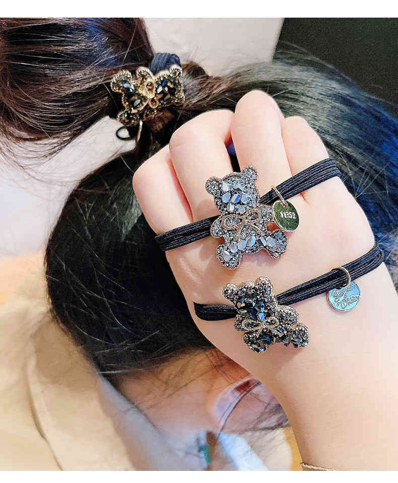 Hair Jewelry Accessories Net Red Heavy Industry Rhinestone Bear Rope Japan and South Korea High Elastic Binding Rubber Band Girls' Head