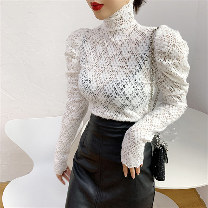 Lace Sexy Turtleneck Solid Female Chic Basic Slim High Quality All Match Women Autumn Tops Puff Sleeves T-shirt 210421