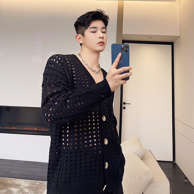 IEFB Men's Thin Hollow Out Sweater Cardigan Coat Man Women Korean Spring Summer Streetwear Vintage Knitwear V-neck Tops 210524
