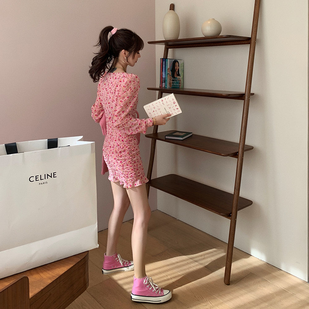 Summer Floral Dress Casual Pink Beach Party Trumpet Mini Dress Female V-Neck Puff Sleeve Flower Dress Korean Y2k 210521