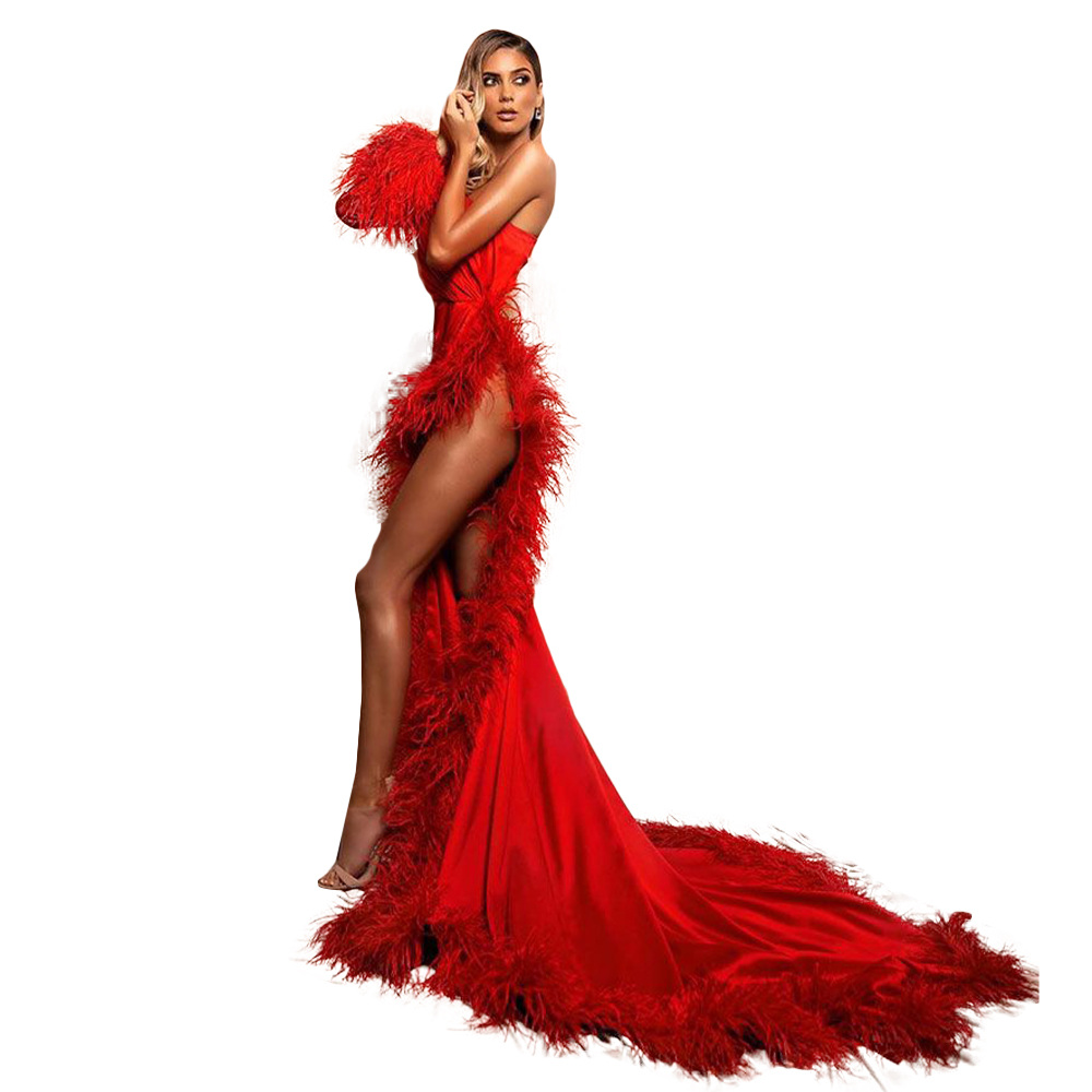 Red Beautiful Sexy Evening Dress With Fur Sleeveless Prom Dress Sweep Train Custom Made Formal Party Gowns