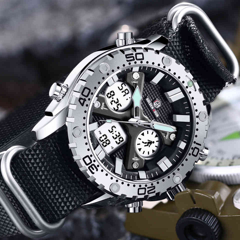 GOLDENHOUR Luxury Fashion Sports Men Watches Army Military Mens Watch Canvas Analog Digital Wristwatch Dual Display Male Clock 210517, Silver black
GOLDENHOUR Luxury Fashion Sports Men Watches Army Military Mens Watch Canvas Analog Digital Wristwatch Dual Display Male Clock 210517, Silver black