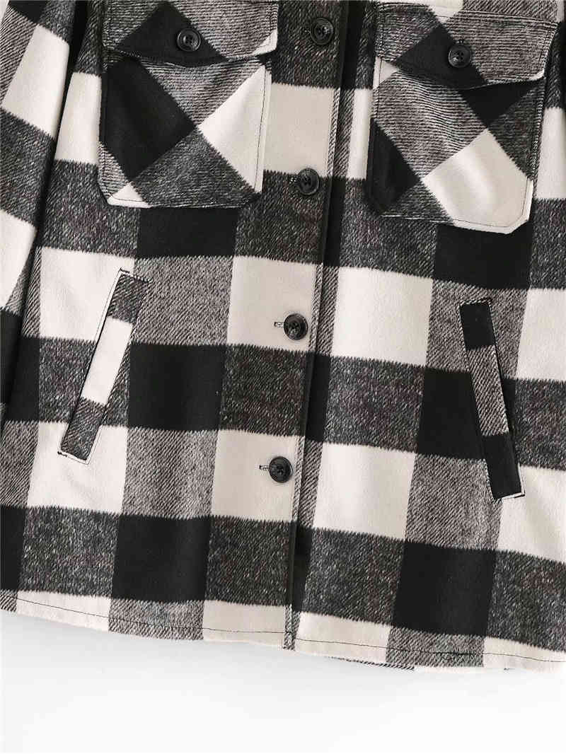 black and white plaid women pocket shirt autumn fashion oversize streetwear female turn down collar thick 210430