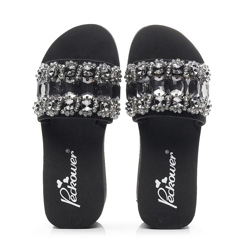 Slippers Rhinestone Ladies Creepers Summer High Heels Slides Beach Shoes Woman Crystal Beaded Wedges Platform Sandals Open Toe Slippers42
