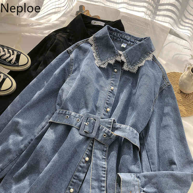 Neploe Korean Lace Patchwork Jeans Blouse Women Turn-down Collar Single Breasted Shirt Coat Bandage Slim Blouses Denim Jacket 210422