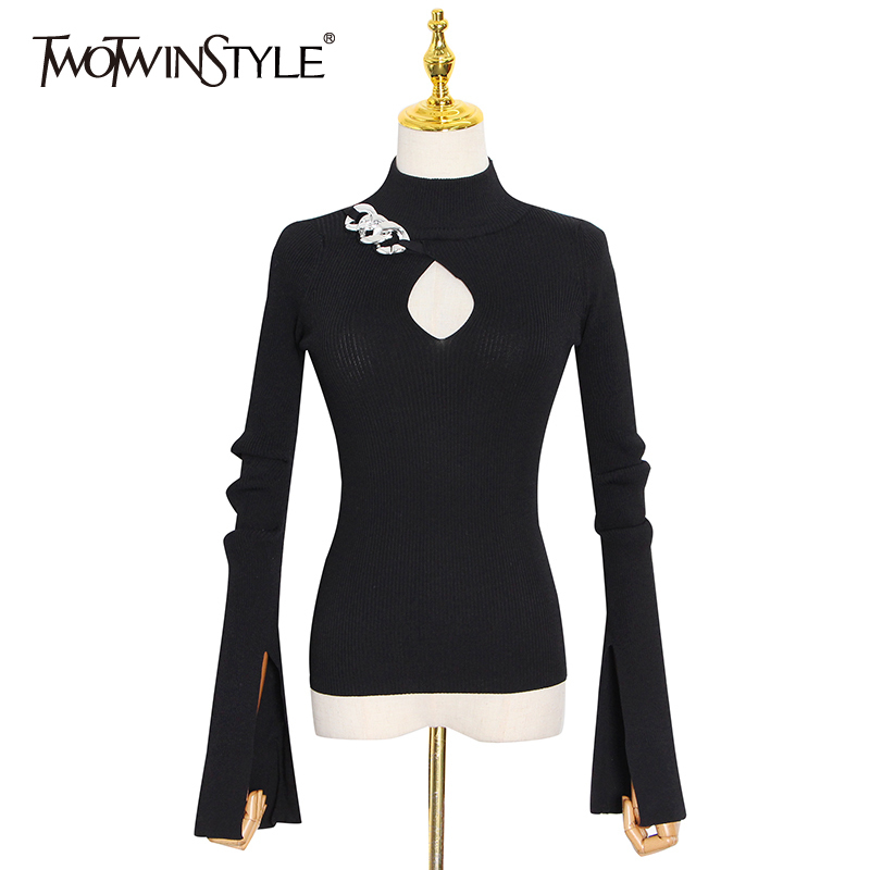 TWOTWINSTYLE Hollow Out Patchwork Chain Sweater For Women Turtleneck Long Sleeve Slim Knitted Tops Fashion Clothing 210517