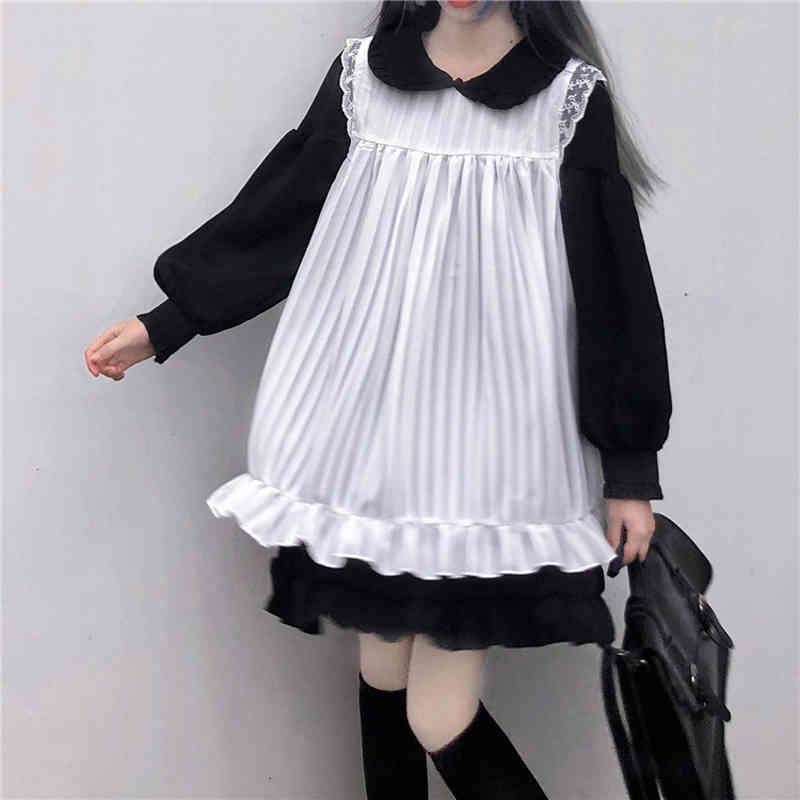 Japanese Sweet Pink Lolita Op Dress Gothic Soft Girl Cute Vintage Ruffle Maid Cosplay Black Women Kawaii Two-Piece es 210517