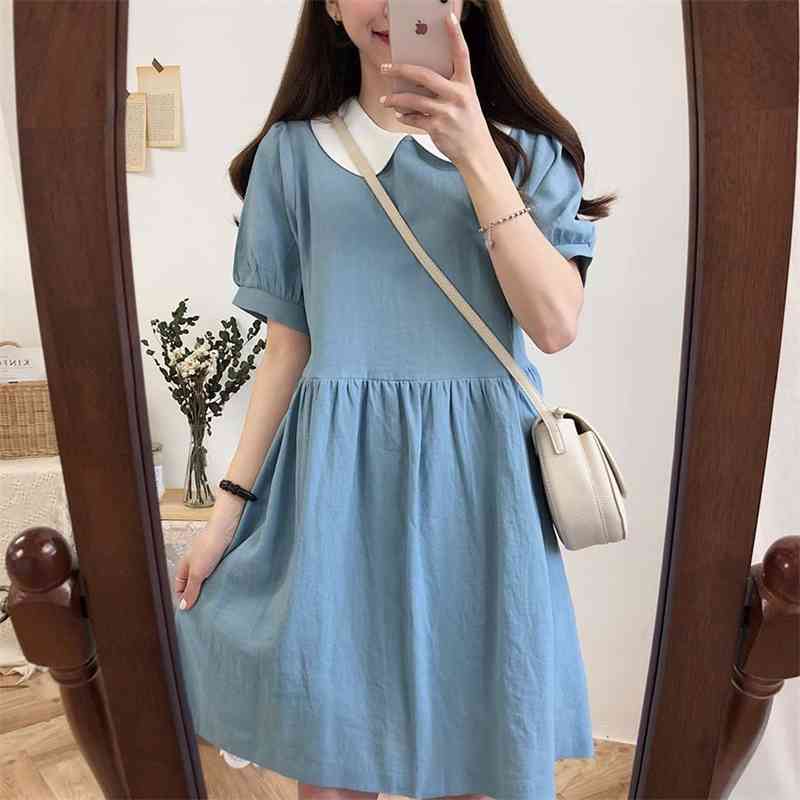 collar Summer Women Cotton Linen OL Casual Short Sleeve Dresses Female Dress Solid brown Boho Robe Femme Vestido 210417Z