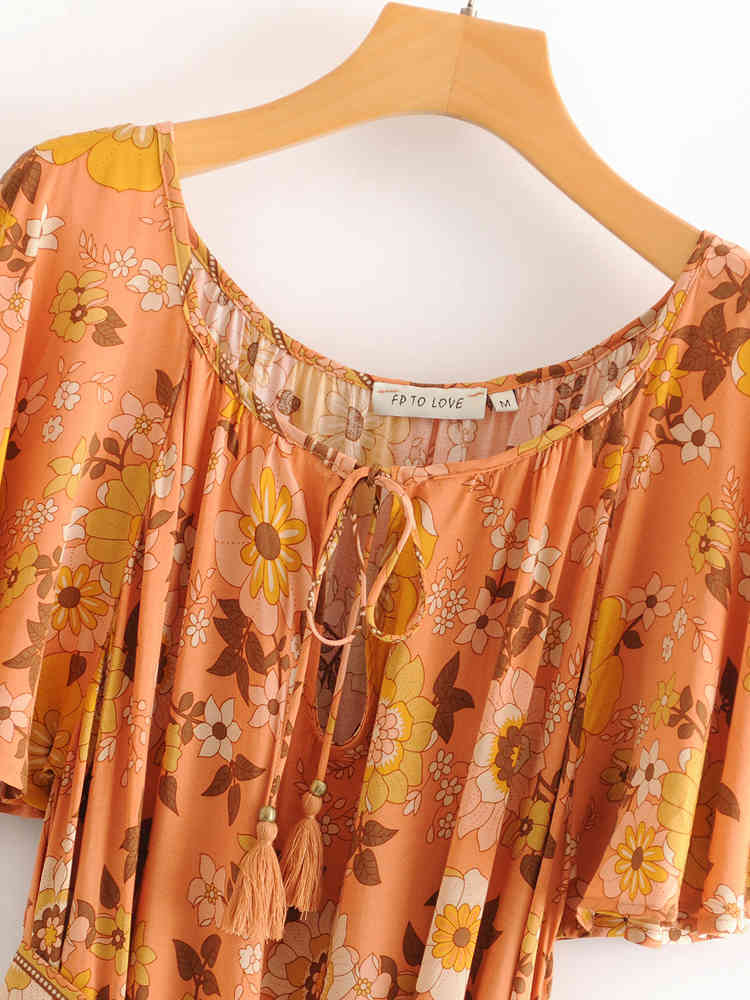 beauty Boho Fashion Floral Print O-neck Midi Dress Women Holiday Chic Sashes Summer Dresses Mujer Vestido De Moda 210514