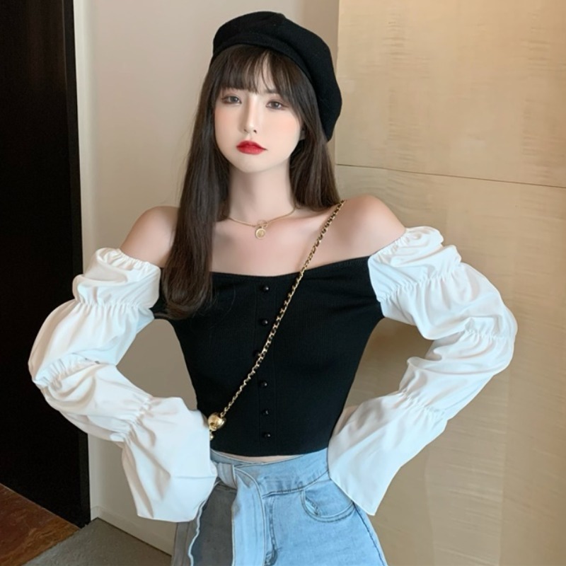 Sexy Tops Woman Sweaters Slash Neck Spring Patchwork Mujer Sueteres Short Slim Ins Pull Femme Clothes 19418 210415