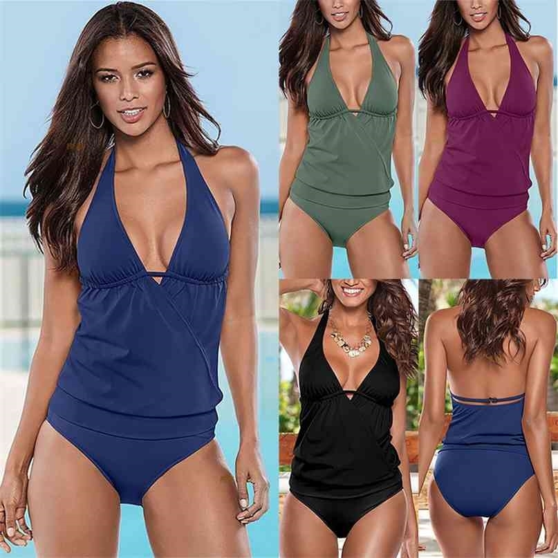 Women Sporty Plain Tankini Set Backless Padded Swimsuit Swimwear Beach Bathing Suit Bikini Sexy 210625