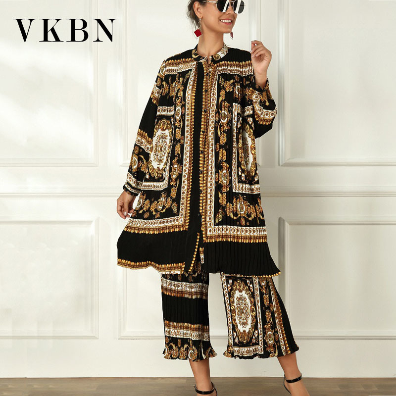 VKBN Top 2 Piece Set Women Letter Print Long Sleeve High Waist Single Breasted Elastic Waist Trousers Suit Pants Set 210507