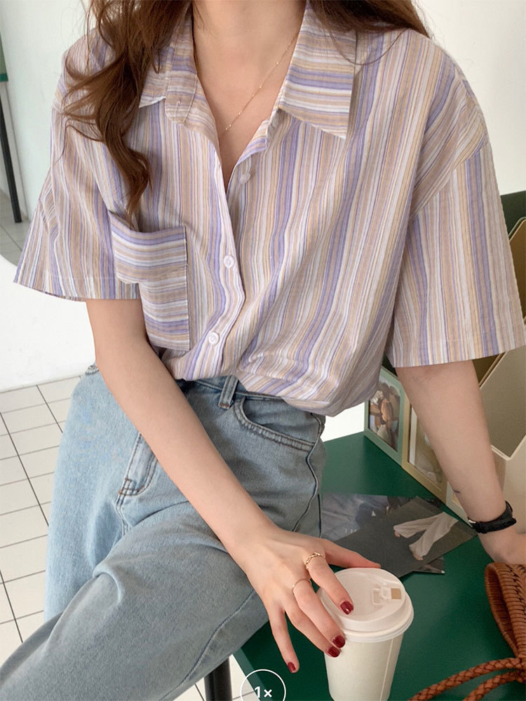 2Colors korean style stripe short sleeve blouse women Shirt Cardigan loose Cotton summer tops (x1927) 210423