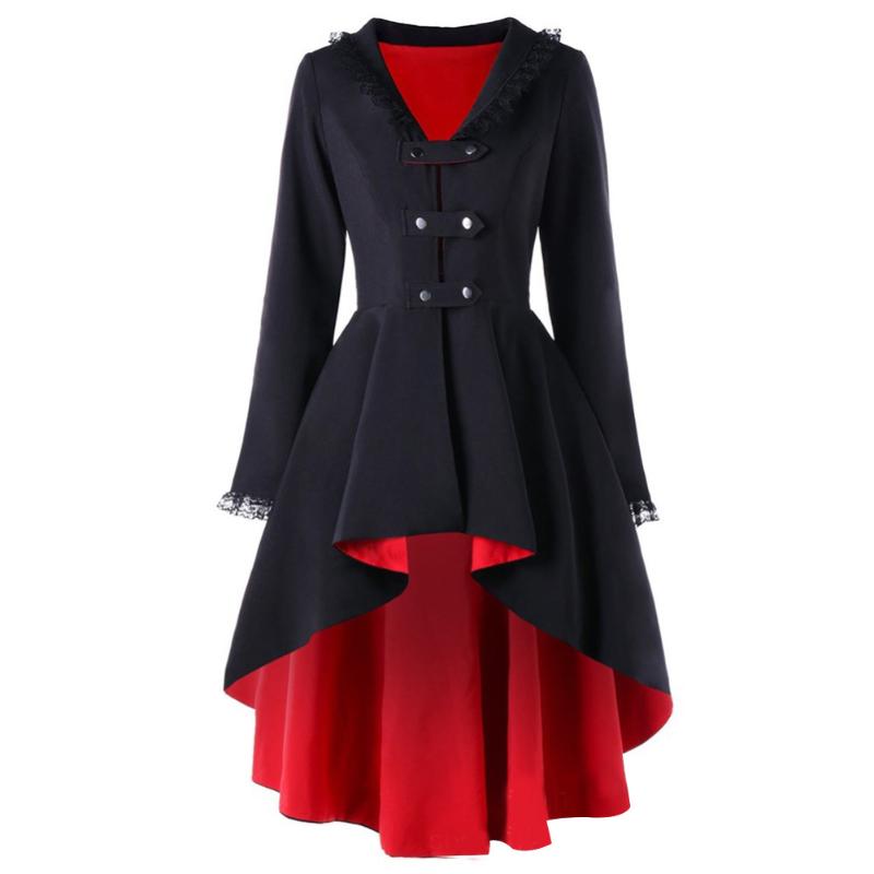 Women's Trench Coats Asymmetrical Lace Dress Bandage Gothic Vintage Mid-long Coat Women Black Belt Cloak Windbreaker Female Abrigos Patchwor