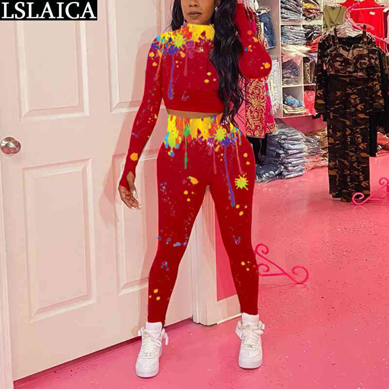 2 Piece Set Tracksuit Women Casual Turtleneck Long Sleeve Crop Tops Sets Womens Outfits Autumn Tie Dye Print Club 210520