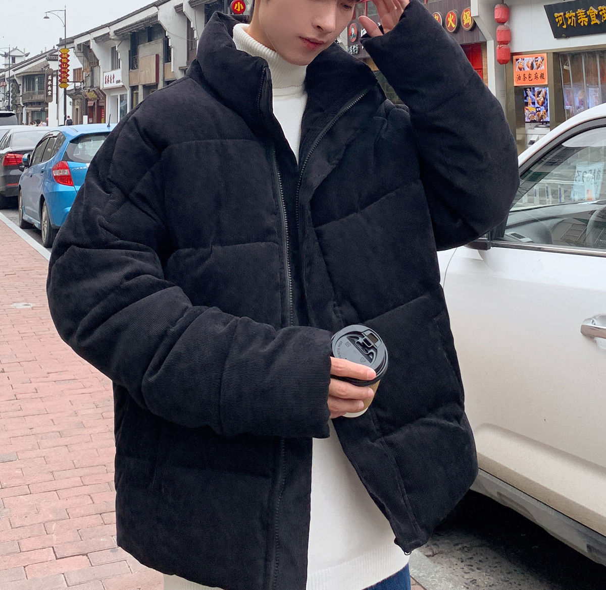IEFB / men's wear cotton padded jacket men's Corduroy bread jacket loose big size stand collar zipper winter coat 9Y4140 210524
