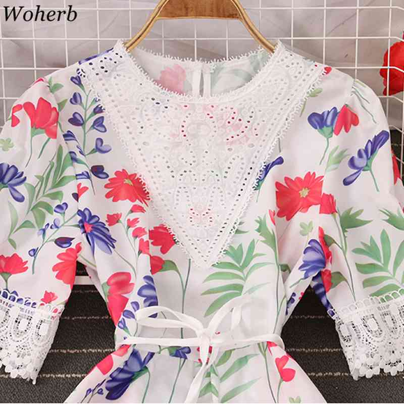 Women Beach Dress Summer Sexy Lace Hollow Out Vintage Floral Printed Dresses Woman Ruffle Long Robe Korean Chic 210519