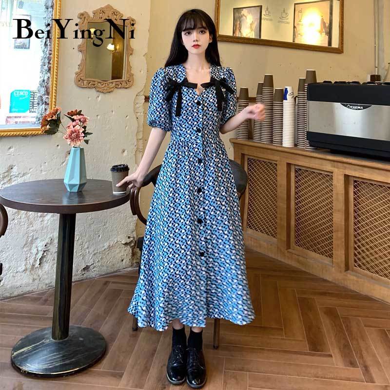 Elegant Kawaii V-neck Dresses Womens Printed Sashes Sweet Vintage Short Sleeve Chiffon A Line Vestidod Female Clothes 210506