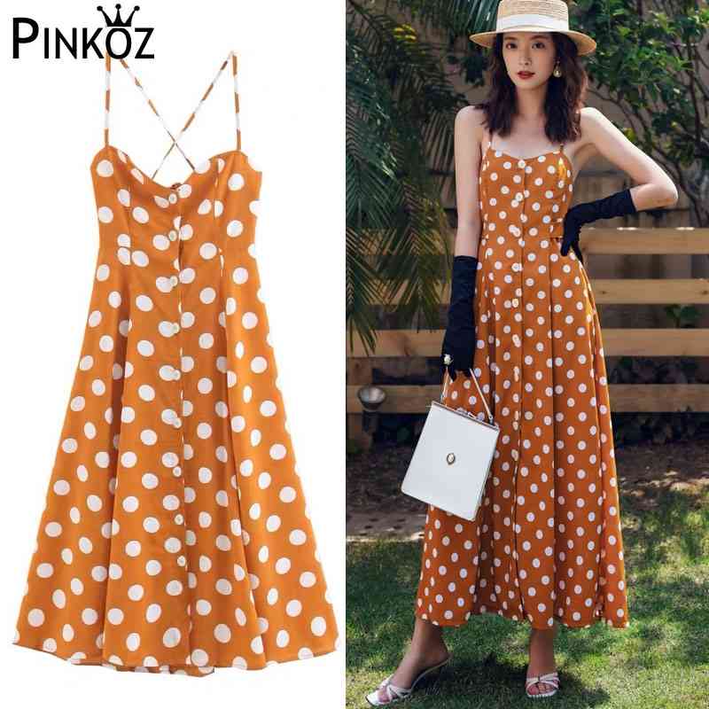 Bohemian Split Women Dress Summer Dot Print Single Breasted Sleeveless Camis Vestidos Cross Knot Backless Female Robe 210421