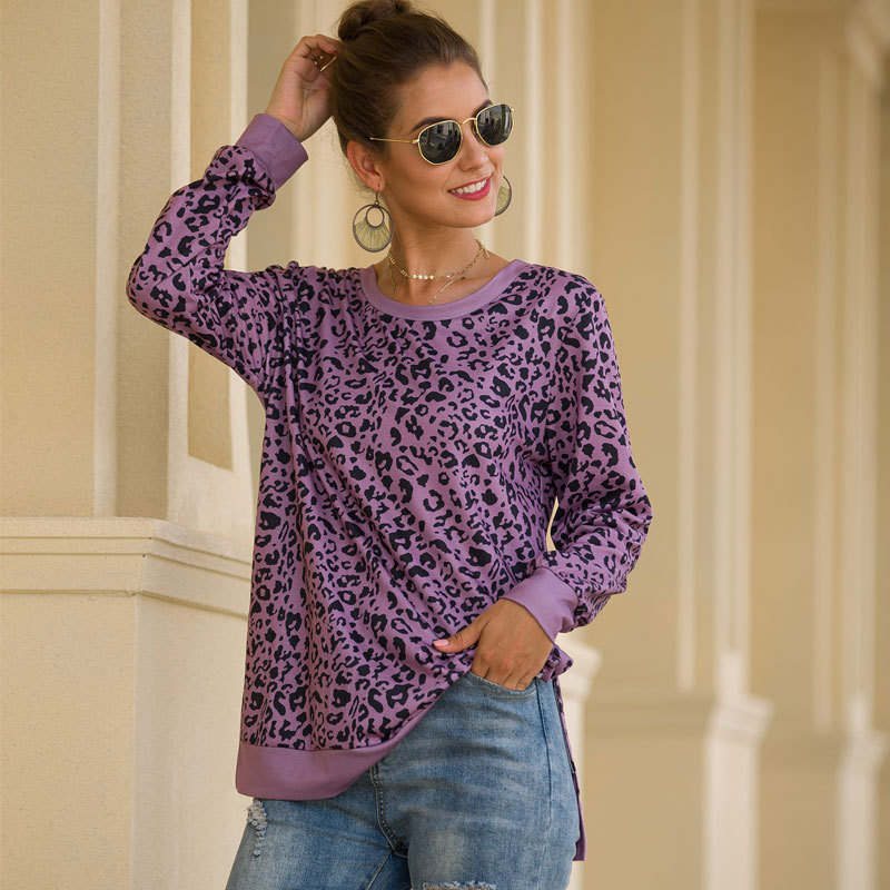 Leopard Camouflage Printed Hoodies Splicing Women's Fall Winter Round Neck Fashion Casual Loose Pullover Top Plus Size 210522