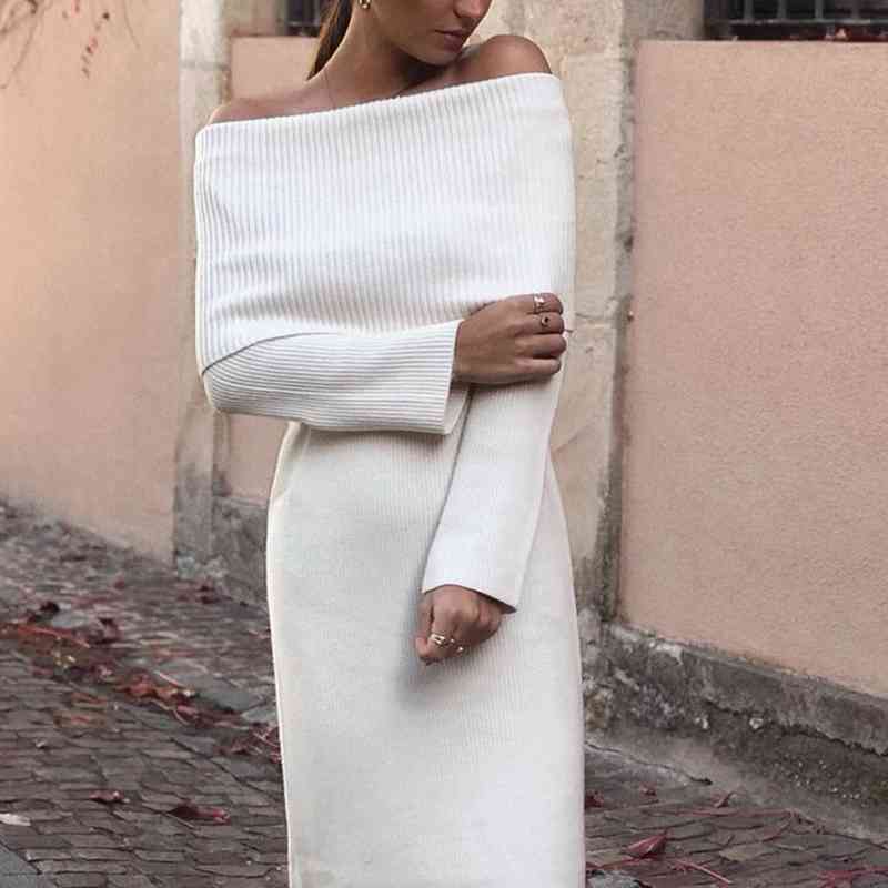 Vintage Women Elegant Off The Shouder Bomb Knitted Long Dresses Spring Fashion Ladies Slim Chic Dress Female Stylish 210430