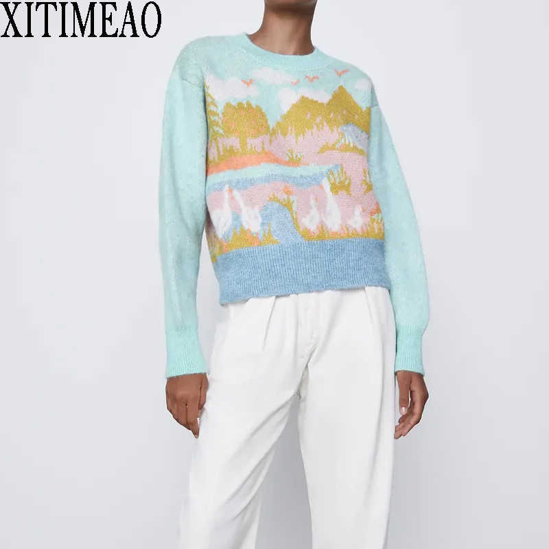 ZA Autumn Winter Retro Printed O-Neck Long Sleeve Sweater for Women Knitted Pullovers Female Chic Tops 210604, Blue
ZA Autumn Winter Retro Printed O-Neck Long Sleeve Sweater for Women Knitted Pullovers Female Chic Tops 210604, Blue