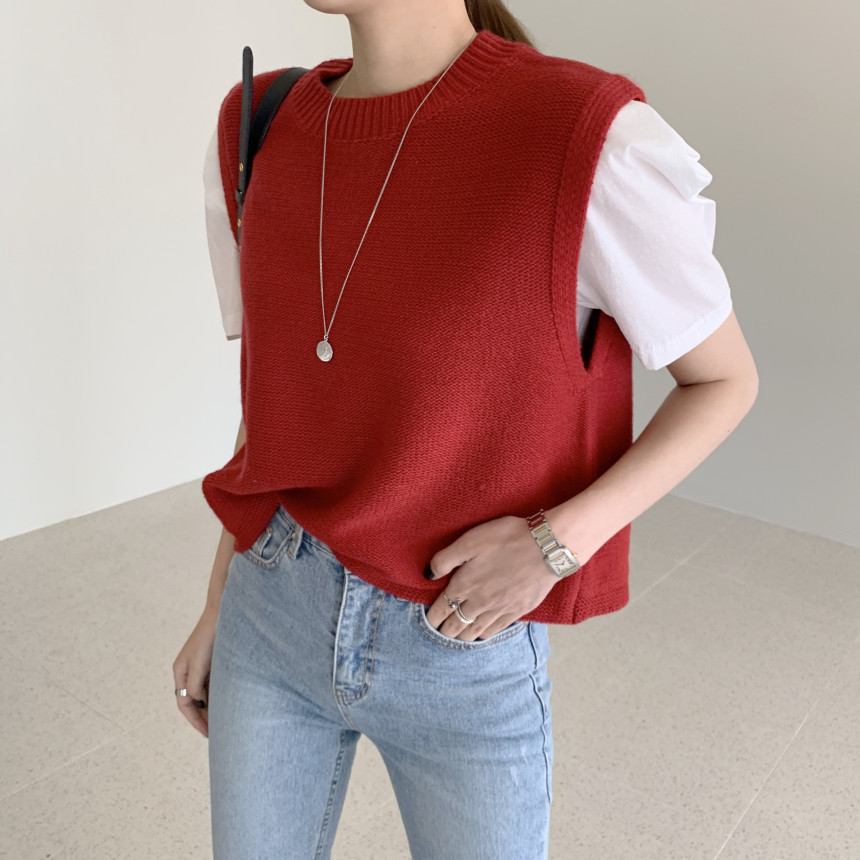 Nomikuma Korean Sleeveless O-neck Sweater Vest Causal Back Split Knitted Pullover Spring New Solid Knitwear Top Vests 6E214 210427