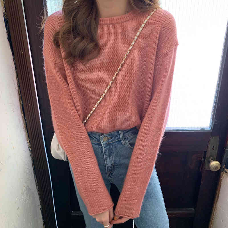 3 colors Korean style Basic short Knitted Sweater Women Autumn Winter soild Color roll up sweaters and pullovers womens (C9399) 210423
