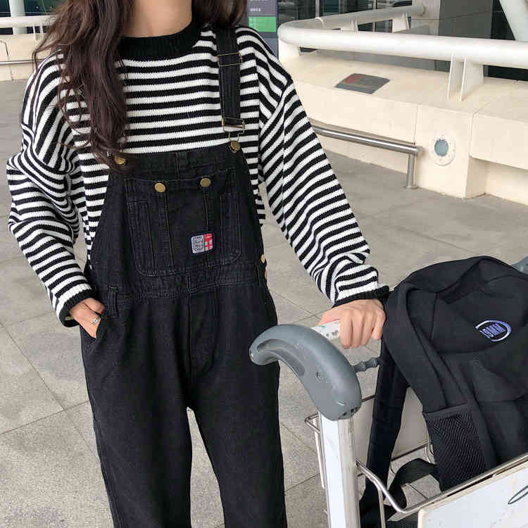 SML jeans womens autumn loose Black straight pants trousers jumpsuit korean casual loose denim overalls womens (72727 210423