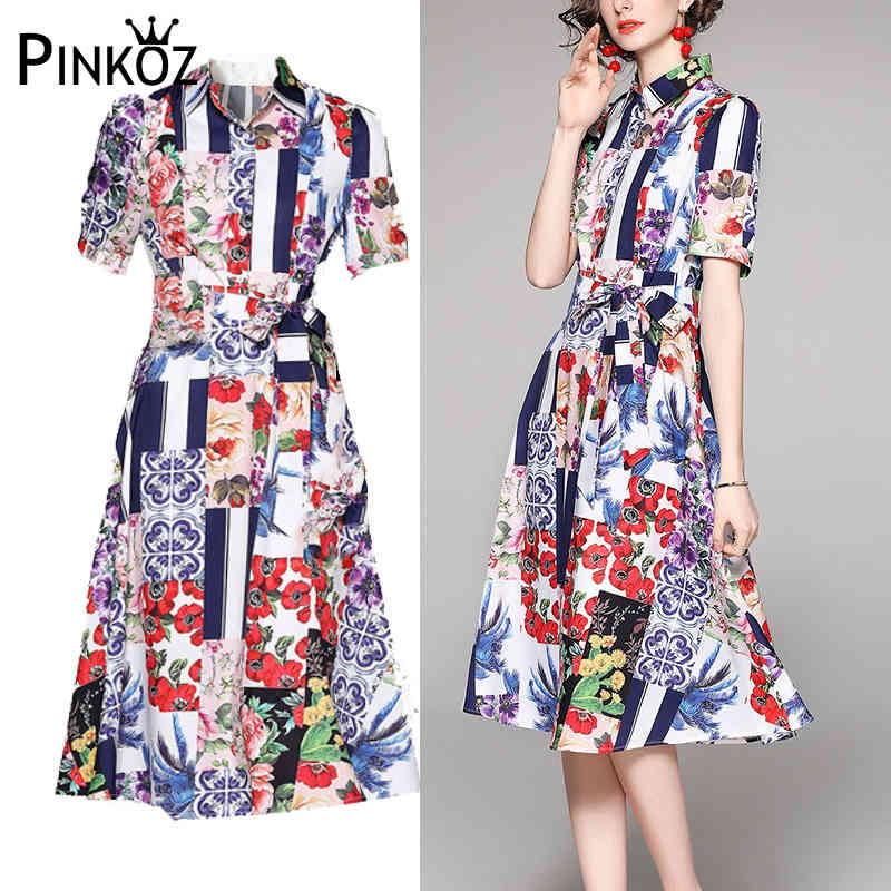 dresses for women vintage printed single breasted midi casual Summer Dress Short Sleeve Ladies Midi Vestidos z 210421