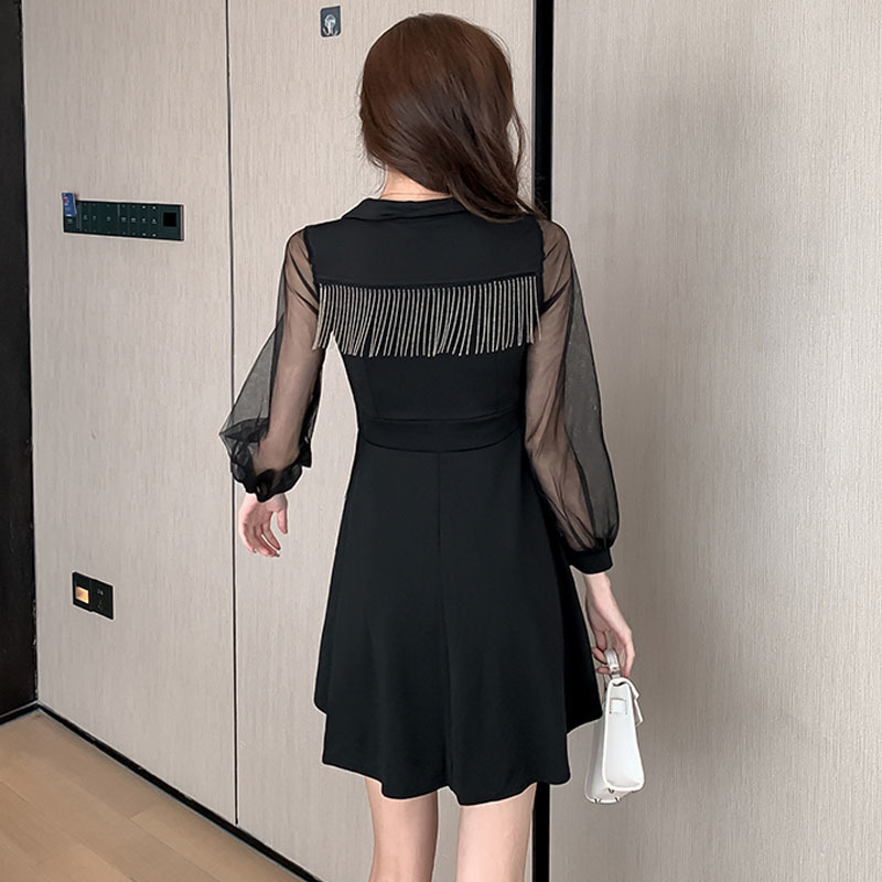 Korean Solid Empire Mini Sexy Dress Women Tassel Bow Party Winter A-Line Long Sleeve Office Ladies es Vestidos 12558 210427
