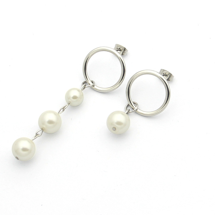 fashion Stainless steel asymmetrical three pearl earrings women's circle earrings