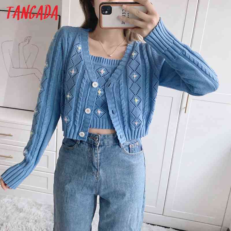 Women Elegant Flower Emboridery Crop Vintage Jumper Lady Fashion Knitted Cardigan Coat 3N23 210416