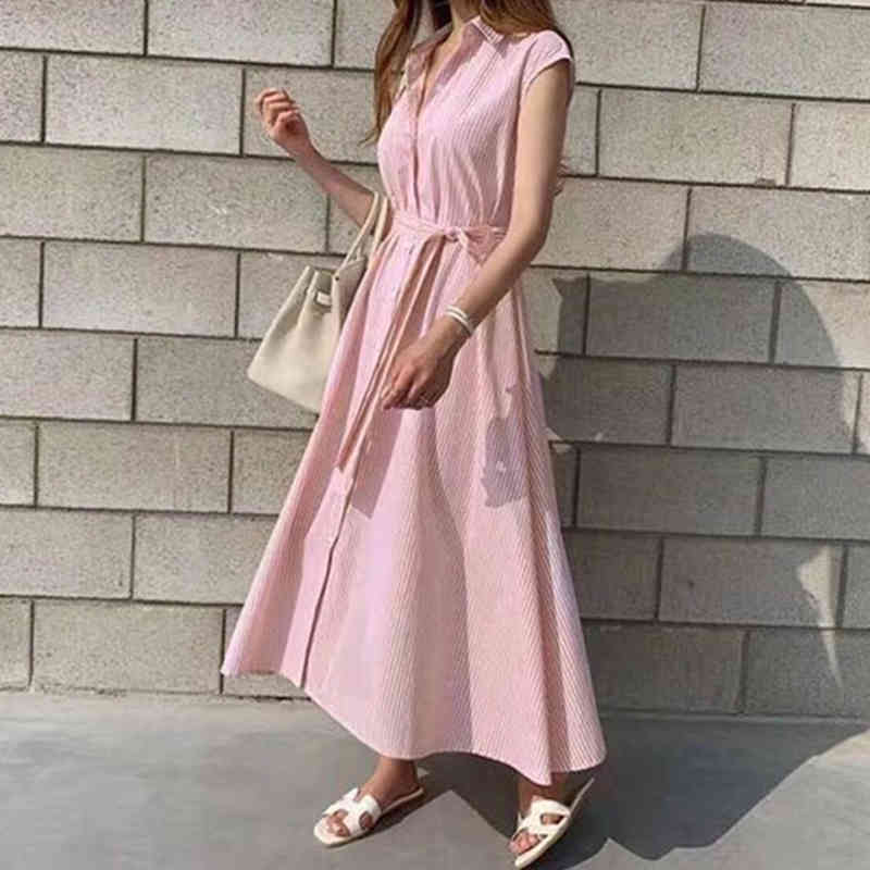 Summer Casual Plus Size Party Dress Sleeveless Women Dresses Loose High Waist Office Long Striped Robe Femme 10389 210518