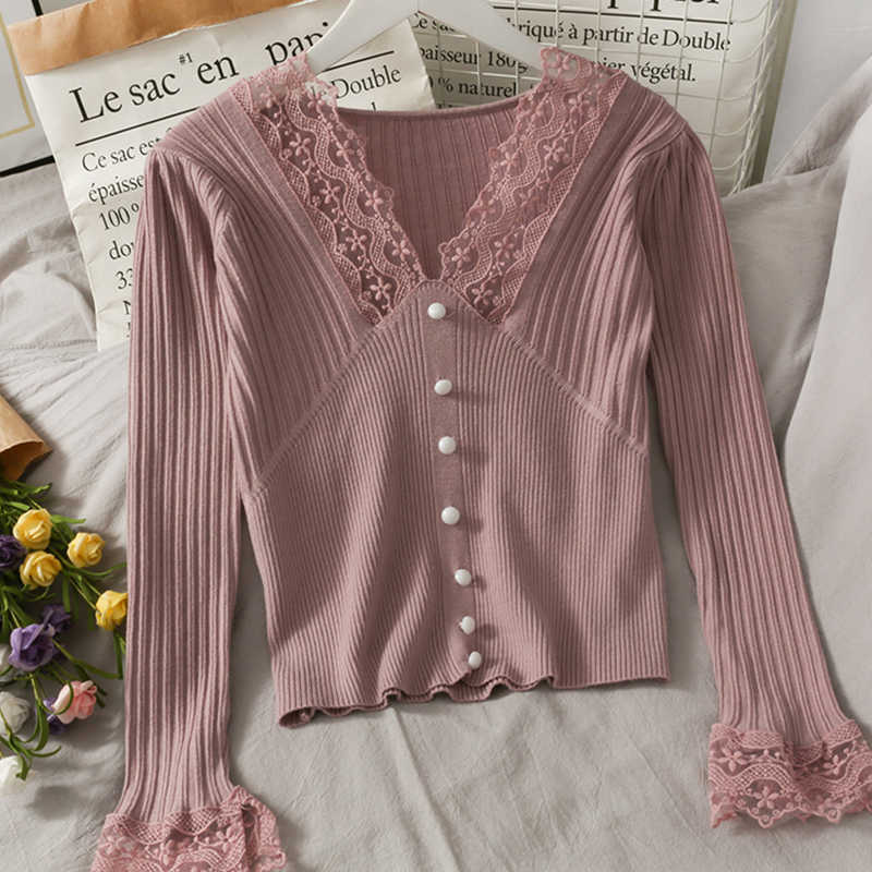 LY VAREY LIN Spring Autumn Women Lace Stitching Sweater Vertical Stripe Thin Slim Bottoming Shirt Short Tops 210526