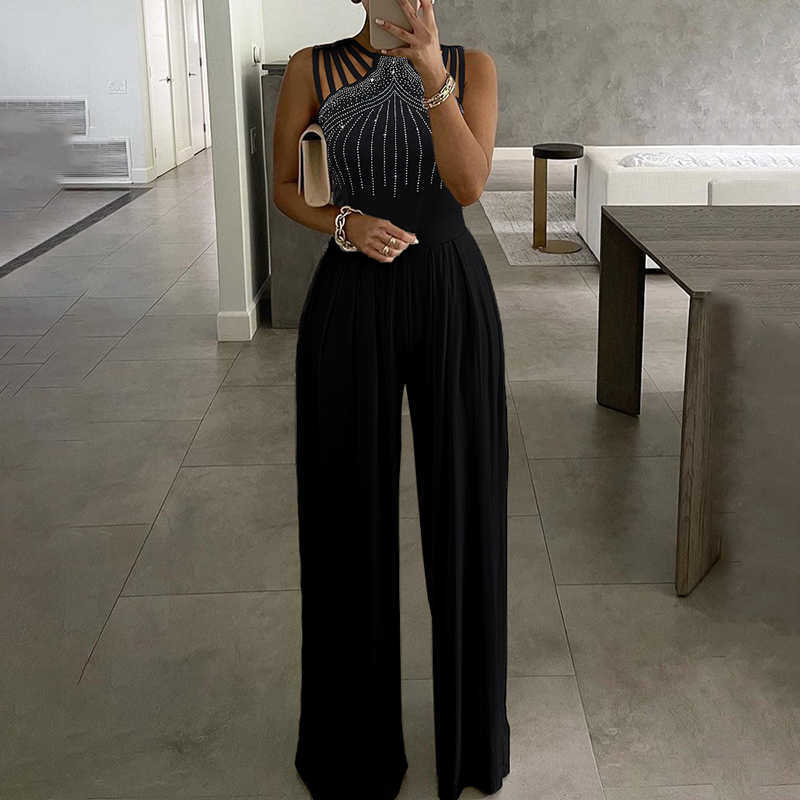 Women Fashion Elegant Sleevless Partywear Jumpsuits Formal Party Romper Studded Wide-leg Party Jumpsuit 210716