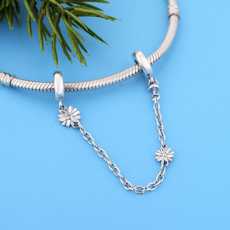 Fit Original Brand Charm Bracelet 925 Sterling Silver Daisy Flower Beads Safety Chain & Clip Lock Fine Jewelry Berloque DIY