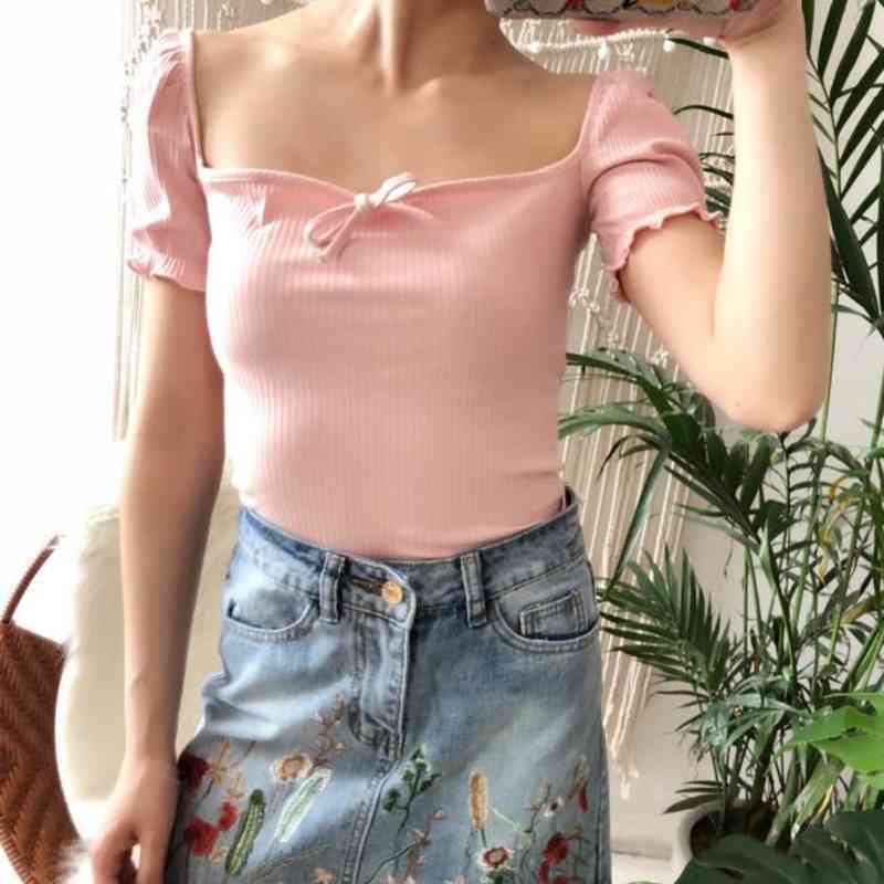 Summer T Shirt Women Tops Kawaii Bow Tie Deep Square Collar Rib T-Shirt with Puff Sleeve Tshirt Vintage White Crop Top 210521