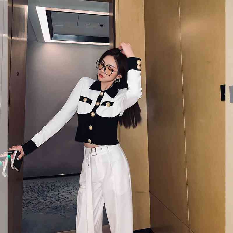 Color-blocked Knitted Crop Tops Women Full Sleeve Single-breasted Buttons Short Caridgan Sweater Vintage Elegant Ladies Jumpers 210514