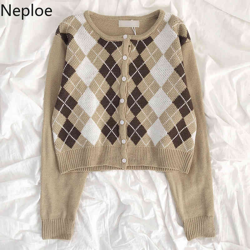 Neploe Cropped Sweaters Japanses Contrast Color Plaid Knitted Cardigan O-neck Long Sleeve All-match Casual Coat Tops Femme 94847 210422