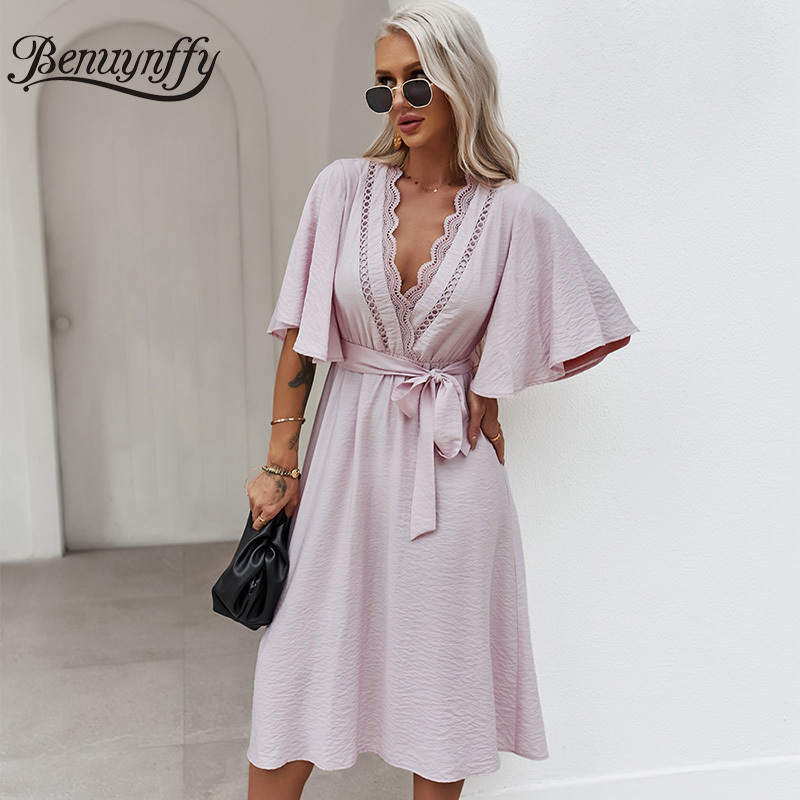 Surplice Neck Lace Patchwork Solid Midi Dresses Summer Butterfly Sleeve Women Elegant High Waist Belted A-Line Dress 210510