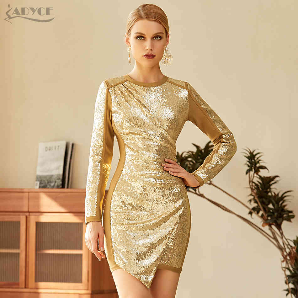 Winter Women Gold Sequined Long Sleeve Club Dress Sexy O Neck Fashion Mini Celebrity Evening Runway Party Dresses 210423