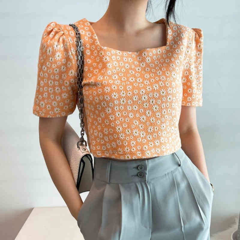 Square Collar Puff Sleeve Shirt Women Korean Chic Floral Daisy Print Crop Top Blouse Summer Casual All Match Blusas 210519
